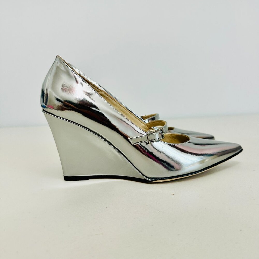 New Theory Metallic Silver Mirror Wedges Pointed Cap Toe Pumps Sandals Italy View 3
